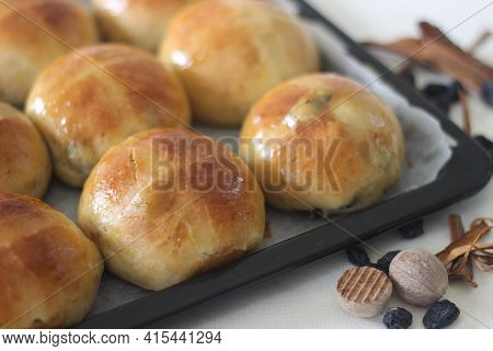 Freshly Baked Hot Cross Buns. A Sweet Fruit Bun Lightly Spiced With Cinnamon And Nutmeg And Marked W