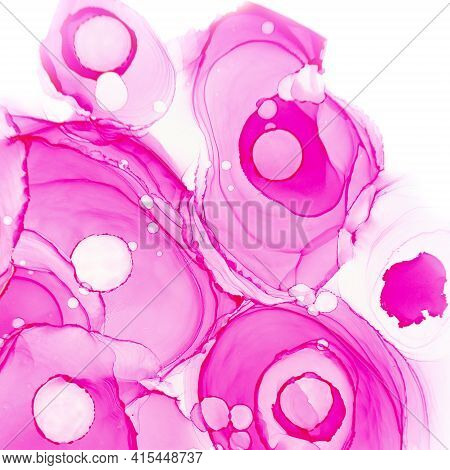 Alcohol Ink Roses Texture. Pink Neon Abstract Background With Flowers. Abstract Translucent Floral F