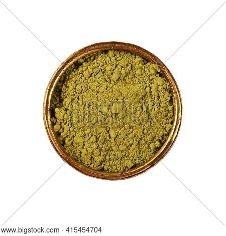 Close Up One Metal Bowl Full Of Ground Unroasted Raw Green Arabica Coffee Isolated On White Backgrou
