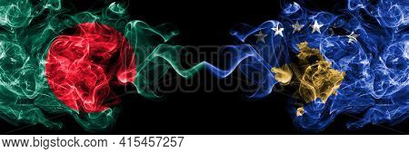 Bangladesh, Bangladeshi Vs Kosovo, Kosovar Smoky Mystic Flags Placed Side By Side. Thick Colored Sil