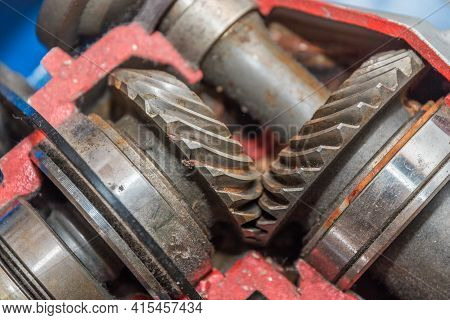 View Into The Gearbox In The Automotive Industry - Front Axle Drive Close-up