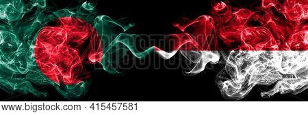 Bangladesh, Bangladeshi Vs Monaco, Monacan Smoky Mystic Flags Placed Side By Side. Thick Colored Sil
