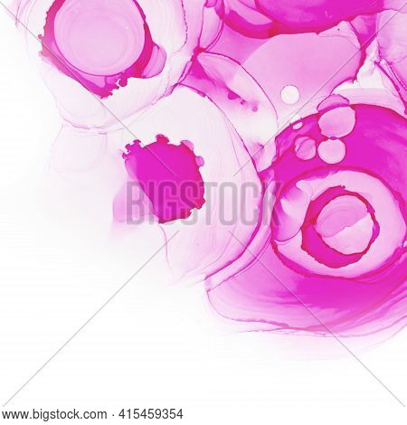 Alcohol Ink Roses Texture. Pink Neon Abstract Background With Flowers. Abstract Translucent Floral F