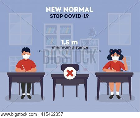 Social Distancing In Schools Illustration. New Normal At School. Coronavirus (covid-19) Guidance For