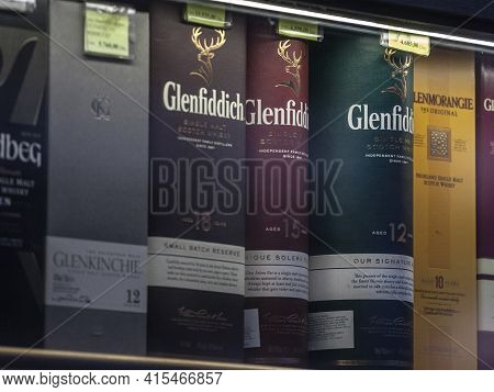 Belgrade, Serbia - September 8, 2020: Selective Blur On Glenfiddich Logo On Bottles Of Whisky  For S