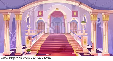 Abandoned Castle Staircase, Empty Old Palace Hall Entrance Interior With Spider Web, Cracked Pillars