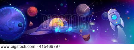 Alien Flying In Space Ship. Cute Extraterrestrial Monster With Green Skin Driving Ufo In Outer Cosmo