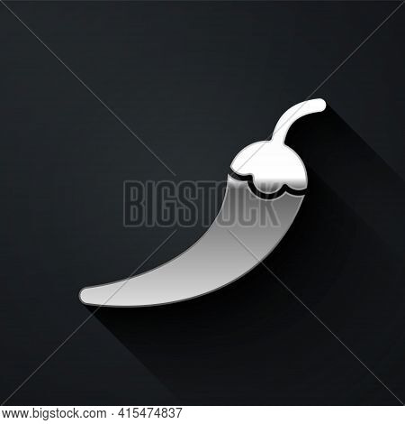 Silver Hot Chili Pepper Pod Icon Isolated On Black Background. Design For Grocery, Culinary Products