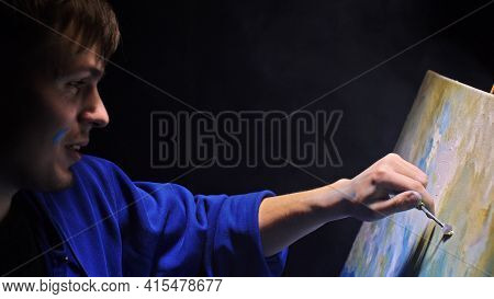 Artist Copyist Paint Seascape With Ship In Ocean. Vaper Smoke Vape E-cigarette. Craftsman Decorator 