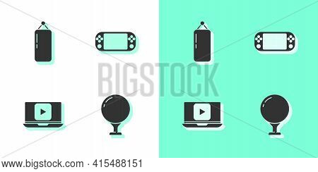 Set Golf Ball On Tee, Punching Bag, Online Play Video And Portable Game Console Icon. Vector