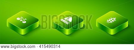 Set Isometric Yacht Sailboat, Traffic Light And Bicycle Icon. Vector