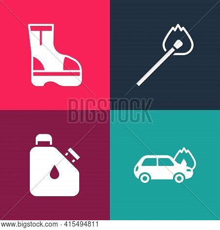 Set Pop Art Burning Car, Canister Fuel, Match With Fire And Fire Boots Icon. Vector
