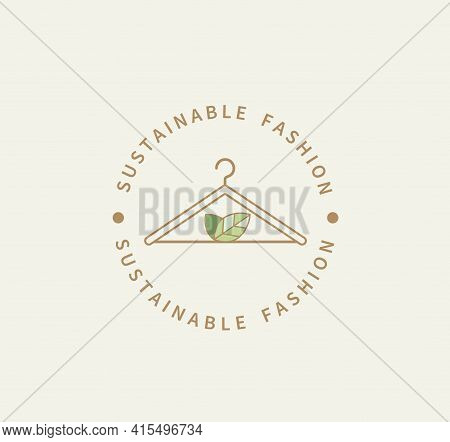 Sustainable Fashion Logo.eco Friendly Production.label, Icon Badge With Clothes Hanger And Green Lea