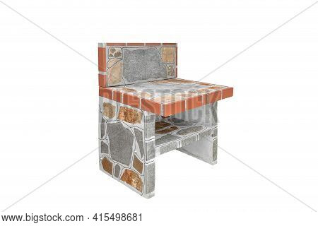 Small Stone Gray Worktop With Shelf, Unused Stone Garden Countertop Isolated On A White Background.