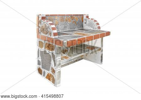 Large Stone Gray Worktop With Shelf, Unused Stone Garden Countertop Isolated On A White Background.