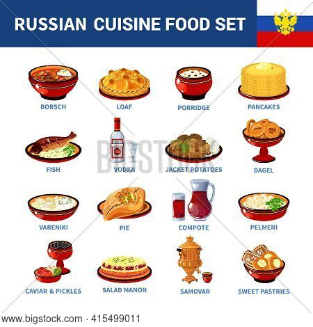Russian National Food Dishes Flat Icons Set With Porridge Pancakes Borsch And Vodka Abstract Isolate