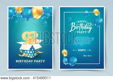 92nd Years Birthday Vector Invitation Double Card. Ninety Two Years Wedding Anniversary Celebration 