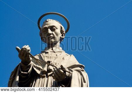 Monteceneri, Ticino, Switzerland - 20th March 2021 : Close Up View Of San Carlo Borromeo Statue Agai