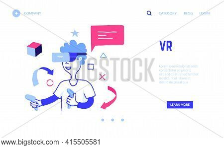 Vr Landing Page. Boy In Virtual Reality Glasses Plays Digital Games With Joystick. Website Template.