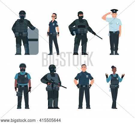 Police Officers. Policeman And Security Guard Persons With Various Ammunition. Standing Male And Fem