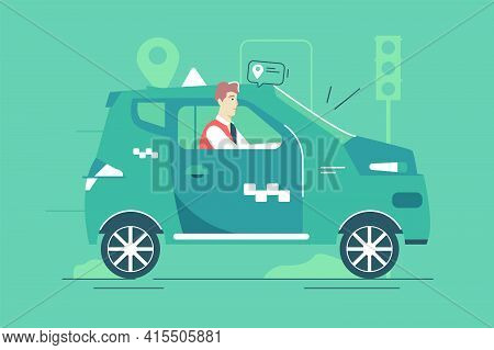 Concentrated Taxi Driver In Green Car Vector Illustration. Friendly Taxi Driver Riding Automobile Fl