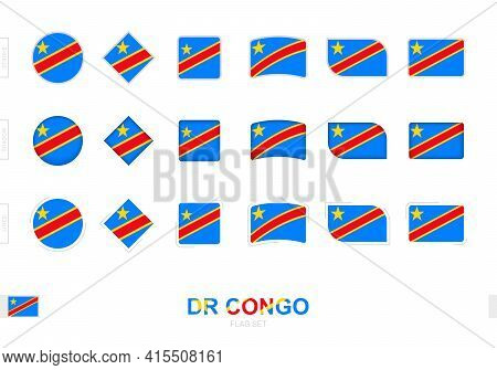 Dr Congo Flag Set, Simple Flags Of Dr Congo With Three Different Effects. Vector Illustration.