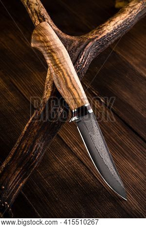 Premium Knife. Legendary Hunting Knife. Hunting Knife And Antler, Hunting Gear On Wooden Board And H