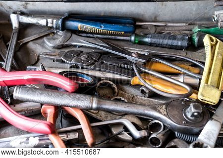 Old Box With Tools Equipment On Floor Against For Fix Mechanic Motor In Workshop Inustrial