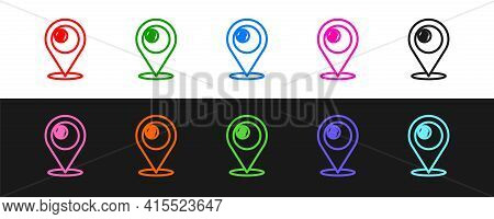 Set Line Map Pointer With Billiard Pool Snooker Ball With Number 8 Icon Isolated On Black And White 