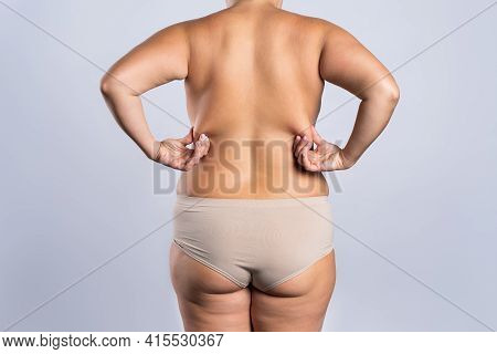 Overweight Woman With Fat Hips And Buttocks, Obesity Female Body On Gray Background