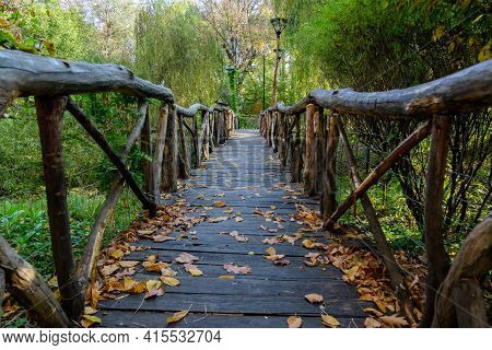 Landscape With Old Wooden Bridge, Vivid Green And Yellow Plants, Green Lime Trees And Grass In A Sun