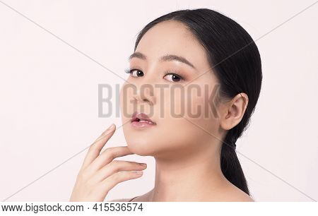 Beauty Skin. Makeup Concept. Young Pretty Woman Black Hair And Beauty Face