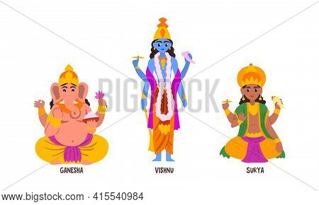 Statues Of Indian Gods Set, Ganesha, Vishnu, Suria Hinduism Godheads Vector Illustration
