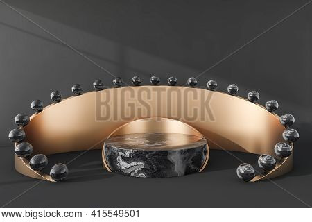 Black And Golden Platform Stand, Row Of Black Spheres Decoration. Luxury Marble Mockup Stand For Pro