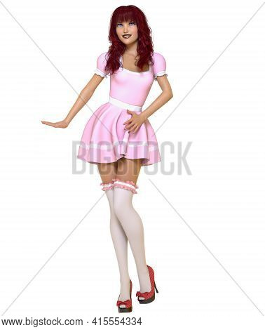 Sexy Anime 3d Doll Japanese Anime Girl Big Green Eyes.short Pink Dress Stockings.cartoon, Comics, Sk