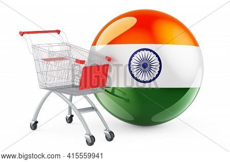 Shopping Cart With Indian Flag. Shopping In India Concept. 3d Rendering Isolated On White Background