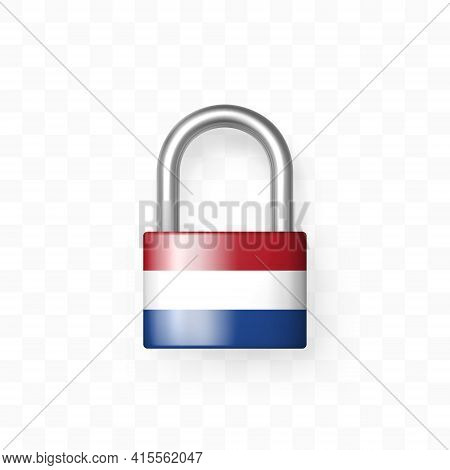 Secure Enclosed Padlock With Image Of The Flag Of Netherland. Isolated On Checkered Background. Lock