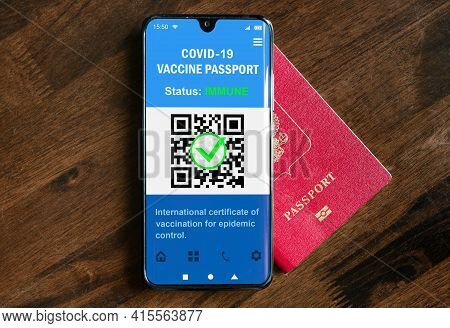 Health Passport Of Covid-19 Vaccination In Mobile Phone For Travel, Digital Passport App In Smartpho