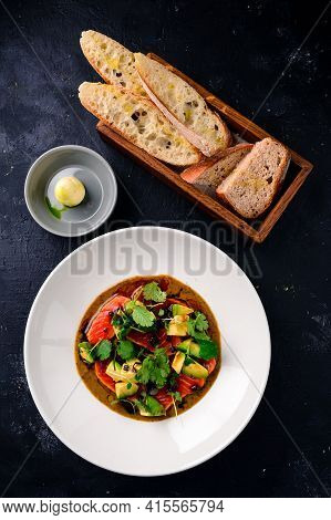 Top View Of Seared Salmon With Avocado In Bowl, Seared Salmon Salad With Sauce At A Premium Restaura
