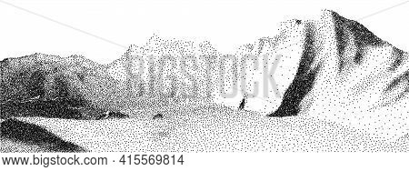 Dot Stipple Landscape Mountains. Vector Landscape In Dotwork Style. Black And White Grainy Dotwork D
