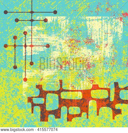 Colorful Painted Abstract Textured Background With Retro Style Elements. For Backgrounds, Covers, Ca