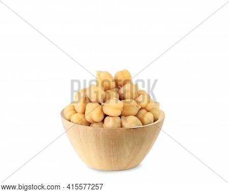 Boiled Chickpeas In A Wooden Bowl. Isolated White Background