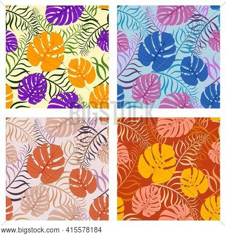 Tropical Style Pattern Set With Monstera And Palm Leaves