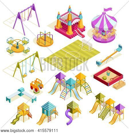 Playground Isometric Collection With Carousels Bench Sandbox Roller Swing Soccer Field And Slides Is