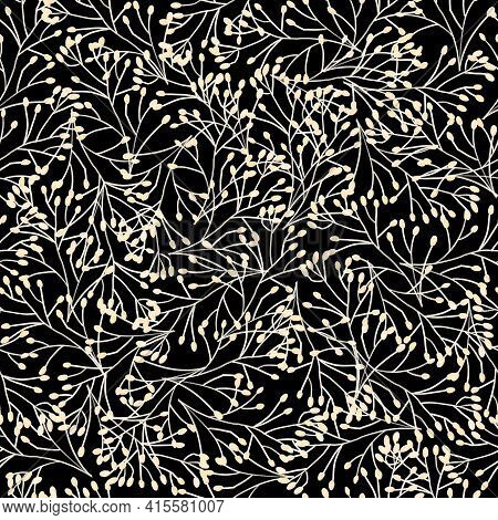 Monochrome Seamless Pattern Nature Texture. Plants, Grass, Stems, Branches Repeating Background Whit
