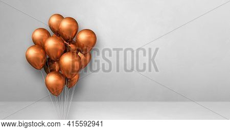 Copper Balloons Bunch On A White Wall Background. Horizontal Banner. 3d Illustration Render
