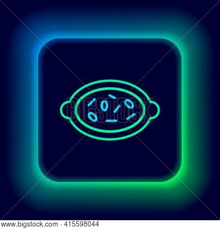Glowing Neon Line Kheer In A Bowl Icon Isolated On Black Background. Traditional Indian Food. Colorf