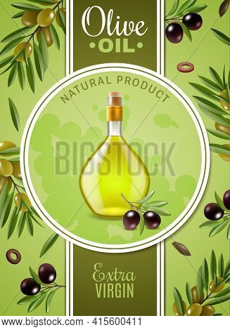Extra Virgin Olive Oil Poster With Advertising Of Natural Product And Glass Bottle With Cork Stopper