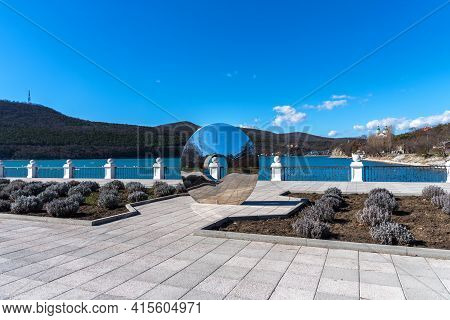 Abrau Durso, Russia - March 2, 2021: Beautiful View Of The Shore Of Lake Abrau In Early Spring. Pict
