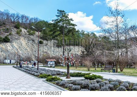 Abrau Durso, Russia - March 2, 2021: Beautiful View Of The Shore Of Lake Abrau In Early Spring. Pict